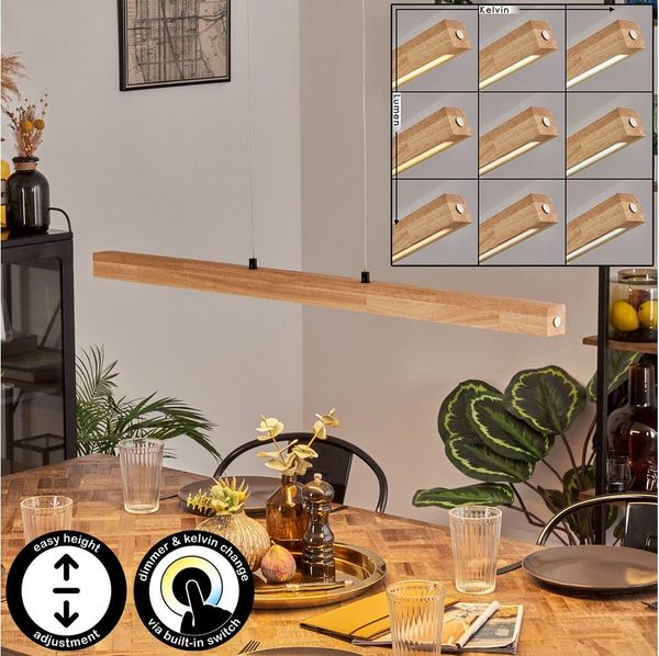 hofstein Pendelleuchte dimmbare Hängelampe aus Metall/Holz/Kunststoff in Schwarz/Naturfarben, LED wechselbar, 3000-6000 Kelvin, skandinavisches Design, Touchdimmer, LED 24 Watt, 2550 Lumen