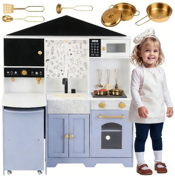 Novelux Kinderküche Spielküche aus Holz 60 x 90 x 105 cm mit Backofen, Mikrowelle, Spülbecken, Kaffeemaschine und Zubehör, Weiß-Lila, EN71, ab 3 Jahren Hausdesign