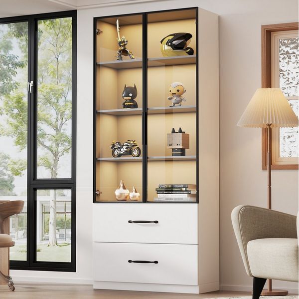 Flieks Vitrine Glasvitrine mit LED-Beleuchtung, glastüren und Schubladen (Maße: B60/T40/H160 cm, 1-St, Schrank für Wohnzimmer, Schlafzimmer, Arbeitszimmer und Büro) Hochschrank Bücherregal Standvitrine Mehrzweckschrank Weiß