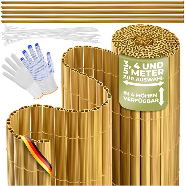 KESSER® PVC Sichtschutzmatte Sichtschutzzaun 120x300 cm Balkonverkleidung Windschutz verstärkte Lamellen für Garten Balkon & Terrasse Balkonumrandung inkl Kabelbindern, Abdeckung & Handschuhe Bambus