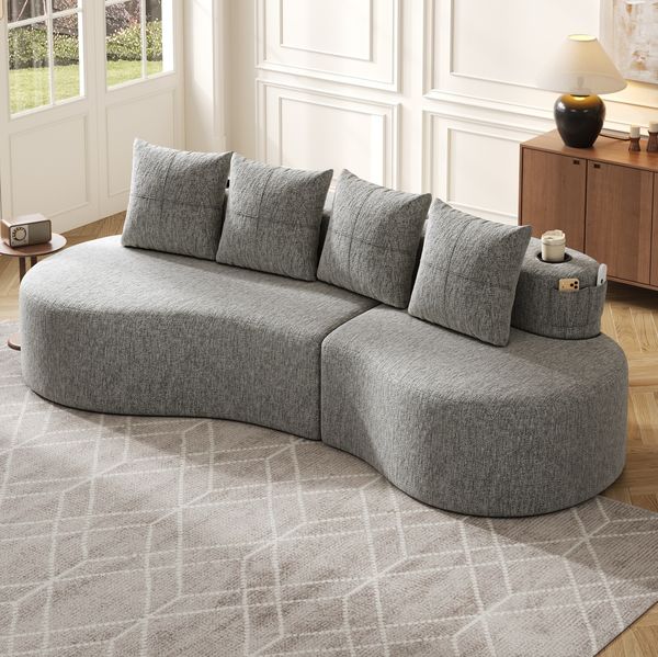 Sofa aus Leinenstoff mit 4 Kissen, Becherhalter & Seitentaschen, 240x109x63 cm, Hellgrau