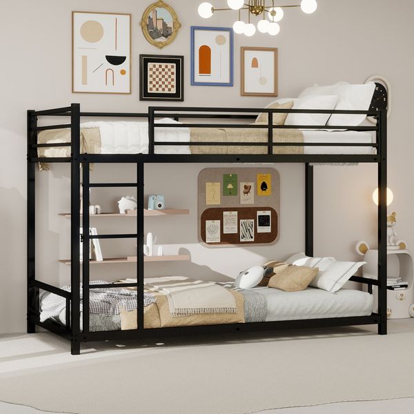 Flieks Etagenbett 90x190cm, Einzelbett 2er Set, Jugendbett, Gästebett mit Leitern und Geländer, Lärmfrei, Metall, Schwarz