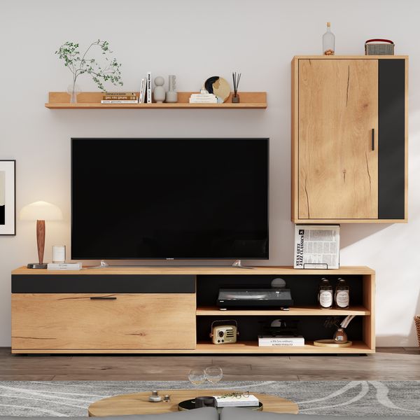 TV-Wohnwand-Set 3-tlg. Holz/Schwarz, TV-Schrank 140x35x39 cm inkl. Wandschrank & Regal