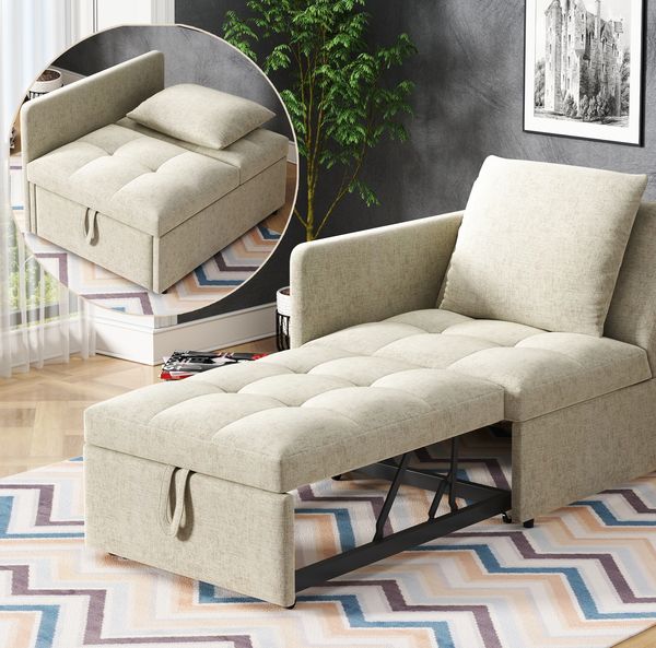 Schlafsofa 3-in-1 mit verstellbarer Rückenlehne, Leinen Beige, 177x68x65 cm