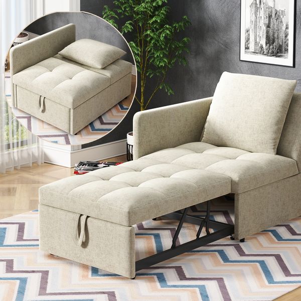 Schlafsofa 3-in-1 mit verstellbarer Rückenlehne, Leinen Beige, 177x68x65 cm