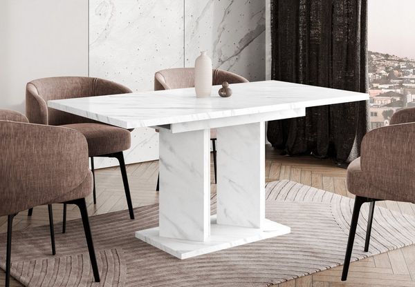 Home Collective Esstisch ausziehbar Tisch Küchentisch Esszimmertisch Ausziehtisch (Esszimmer Küche Wohnzimmer Esstisch erweiterbar), modernes Design Doppel-Säulengestell 120-160x80 cm Weiß Marmor-Optik