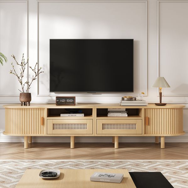 TV-Schrank 170 x 40 x 40 cm – ovales Lowboard in Light Oak mit 2 Schubladen, 2 Schiebetüren und 8 Beinen