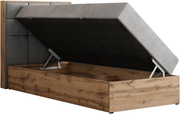 Boxspringbett ALBERO 1 90x200 mit Stauraum, 7-Zonen Multipocket Matratze H3, Bettkasten mit Federautomat, Öffnungsseite wählbar, Hotelbett - Hellgrau Velvet - Topper T25 - Links Bild 4