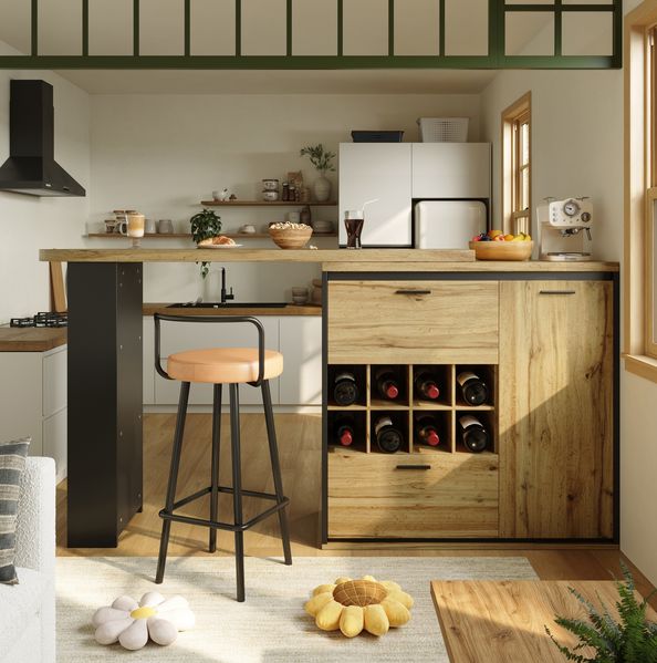 Ausziehbarer Esstisch 138-220x39x105 cm, Holzoptik, mit 2 Schubladen, Weinregal & offenen Regalen