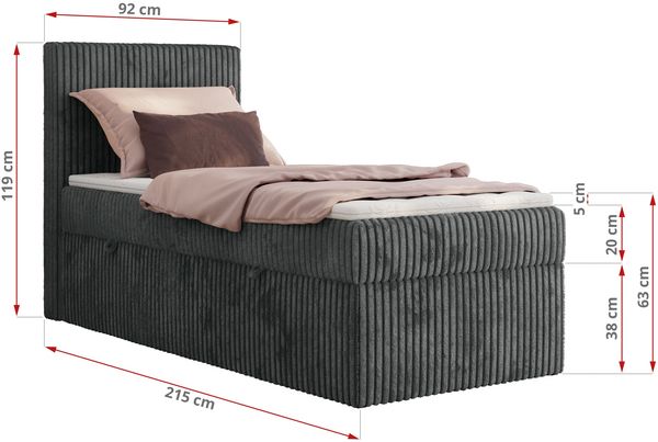 Boxspringbett TILIANO 90x200 Cord inkl. Bettkasten, Einzelbett 7-Zonen Multipocket-Matratze & Topper, Modernes Design mit hohem Kopfteil - Grau Cordstoff - H3 - Topper T25 Bild 4