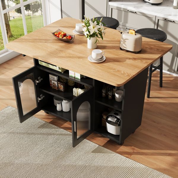 Kücheninsel, modernes Küchensiland, Küchenschrank, abnehmbare Servierwagen-Buffetschrank, Speisewagen mit Holzmaserung, multifunktionaler Esstisch mit Stauraum, Holzoptik, Schwarz