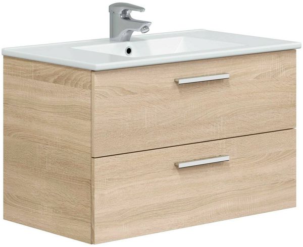 Dmora Badezimmermöbel Felix, Badezimmerschrank, Mehrzweckschrank, Hängeschrank mit Spiegel, 80x45 h50 cm, Eiche