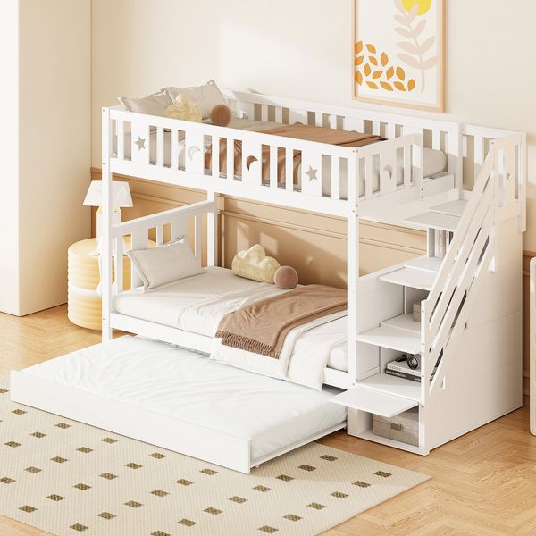 Kinder-Etagenbett 90*200 cm, Massivholz-Etagenbett, Ausziehbett 90*190 cm, mit Sicherheitstreppe, Ablagetreppe, Lattenrost, weiß