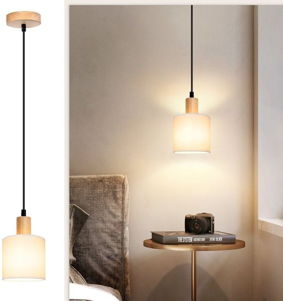 ZMH Weiße Holz Pendelleuchte Ø173cm E14 1 flammig Vintage Rustikal Küche Flur Stofflampe für Wohnzimmer Restaurant