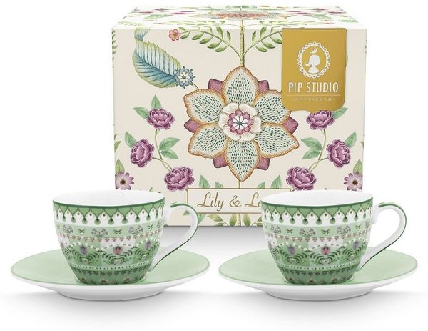 PiP Studio Espressotasse Lily&Lotus Light Green Espressotasse mit Untertasse 120ml Set2, Porzellan