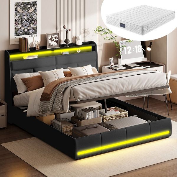 Furnishings Home Polsterbett LED Doppelbett Stauraumbett mit 7-Zonen Federkernmatratze, Mit LED-Beleuchtung, Regal-Kopfteil, Lattenrost,Kunstleder, 140x200 cm