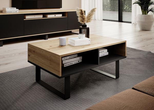 Loft Couchtisch 90 cm, Wohnzimmertisch, Artisan/Schwarz Tischplatte, Moderner Kaffeetisch, Metallfüße, Masimo, 40 x 50 x 90 cm