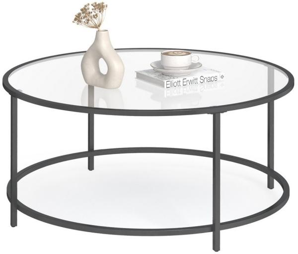 Vasagle Couchtisch, Beistelltisch rund, Glastisch mit Metallgestell, Hartglas, Nachttisch, Sofatisch, für Balkon, schwarz, Ø 84x45,5 cm