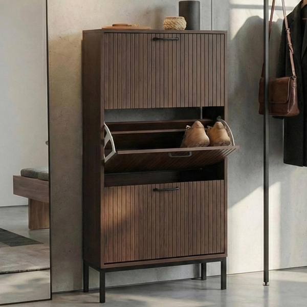 Schuhkipper HWC-P48, Schuhregal Schuhschrank, 3 Kippfächer Ablage MDF Melamin 125x60x25cm ~ Walnuss-Optik