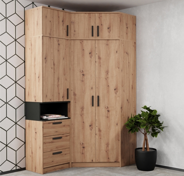 Marmex Möbel Grant Set 12A Hohe Mehrzweckschrank-Set, viel Stauraum, Eckschrank, Bücherregal, laminierte Spanplatte, artisan Eiche + schwarz, 143x235x91 cm