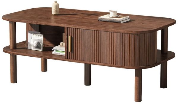 Merax Couchtisch in Holzoptik, Skandinavischer Beistelltisch Satztisch (1-St), Wohnzimmertisch mit Schiebetür, Stauraum & Holzbeinen, 110×55×45cm