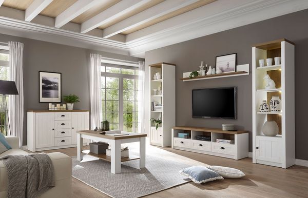 Landhaus Wohnwand Mediawand Anbauwand Wohnzimmer 260cm pinie weiß eichefarben hell