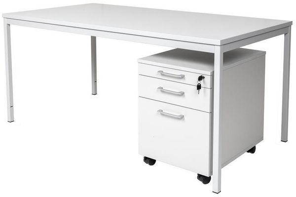 Schreibtisch und Holz Rollcontainer, 3 Schübe, grau, 140x80x75 cm