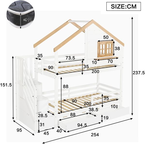 Etagenbett, Holzbett, Aufbewahrungstreppen, raffiniertes kleines Hausdesign mit einem Fenster, Stauraum unter dem Bett, Kiefer + MDF, Weiß + Natur, 90 x 200cm Bild 5