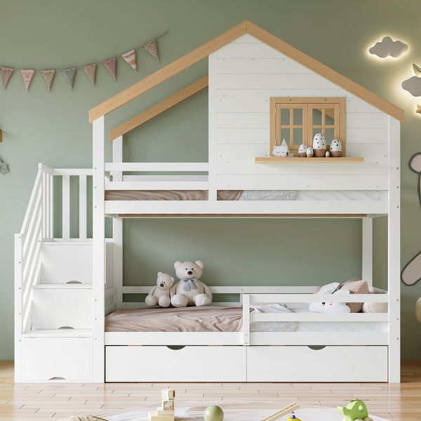 Etagenbett, Holzbett, Aufbewahrungstreppen, raffiniertes kleines Hausdesign mit einem Fenster, Stauraum unter dem Bett, Kiefer + MDF, Weiß + Natur, 90 x 200cm
