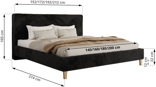Design Polsterbett LUMARO CLASSIC 160 x 200 cm mit Lattenrost & 12cm hohen Füßen, Doppelbett mit Kopfteil, Konfigurierbar - Schwarz Plüsch Bild 5