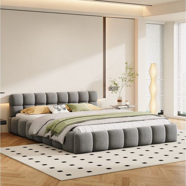 PXloue Polsterbett Doppelbett Jugendbett (ohne Matratze), (Futonbett), Mit Bettrahmen und Lattenrost, Leinen-Stoff, 140x200cm