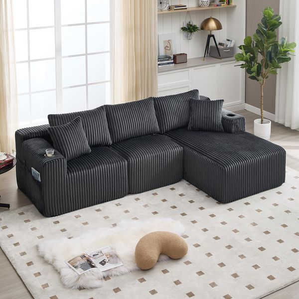 Ball & Cast L-förmiges Eckcouch mit Schlaffunktion, 3-Sitzer Sofa mit 2 Getränkehalter aus Cordbezug für das Wohnzimmer Wohnung Studio, 257 x 62 x 160 (BxHxT), Grau