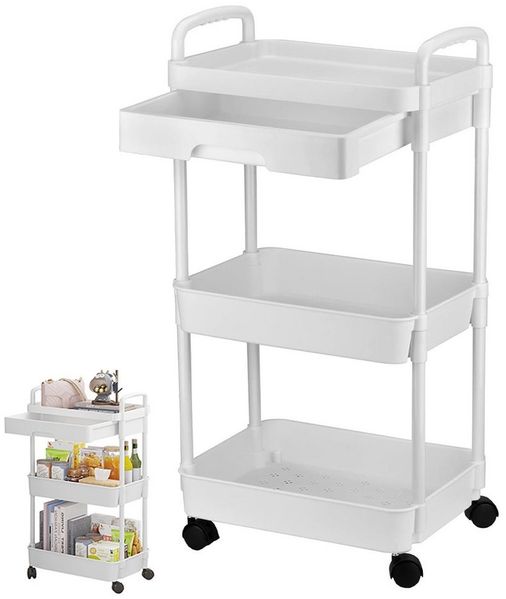 TUWENA Servierwagen 3-stöckiger Rollwagen mit Tischplatte&Schubladen,Küchenwagen mit Griff, Multifunktional Servierwagen Roll Regal für Büro, Wohnzimmer, Küche