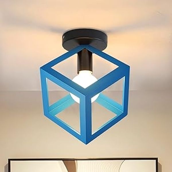 iDEGU Deckenleuchte — Modernes Kafig-Design, Vintage-Stil, geometrische Form, Metallkonstruktion, E27-Fassung — Geeignet fur Schlaf-, Wohn- und Esszimmer — Wurfelform, 16 cm, Blau