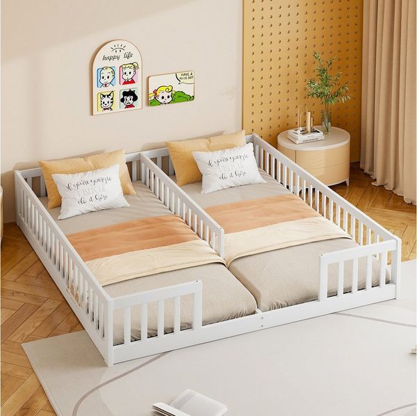 MODFU Polsterbett Kinder Bodenbett (Doppel-Kinderbett aus Holz & MDF, mit Lattenrost & Rundum-Geländer, 90 x 200 cm), ohne Matratze