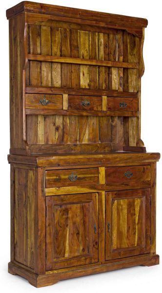 Schrank Teuca aus Akazienholz, klassisch massiv, 190 cm hoch, natur, mit 5 Schubladen und 2 Türen