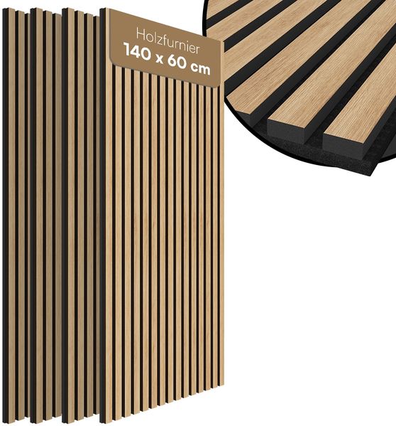 Bellamio 'Kilwa' 3D Akustikpaneele, Holzoptik Eiche, Echtholzfurnier und MDF, 140x60x2,1 cm, Wandpaneele mit Schallschutz, 4er Set