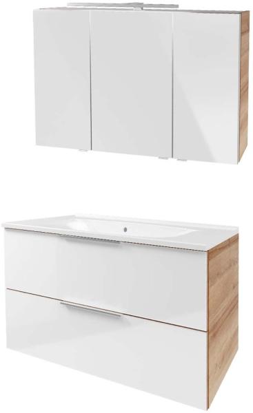 Fackelmann B. BRILLANT Badmöbel Set 3-teilig 100 cm, Weiß Glas/Braun hell, LED-Spiegelschrank