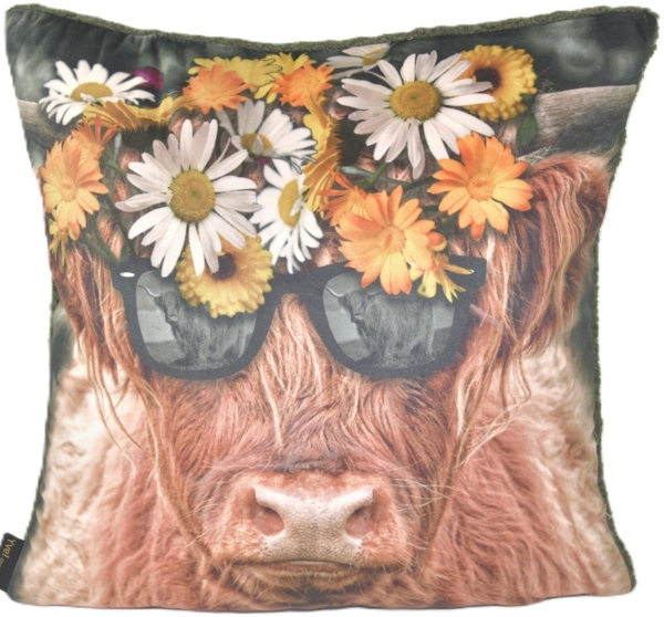 Yve! Decoration El Toro Hochlandrinder Zierkissenhülle - ca. 45 x 45 cm Rind mit Blumenhaarschmuck Bild 1