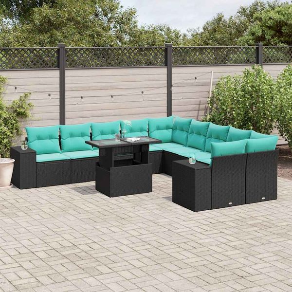 vidaXL 11-teiliges Gartensofa-Set mit Kissen, schwarzes Polyrattan 3269427