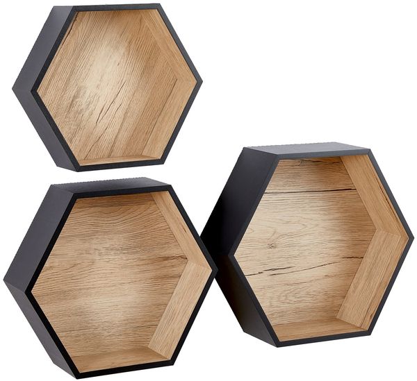 XORA 'BEN' Wandregal 3er-Set, MDF Holznachbildung Eiche schwarz, 37 x 32.2 x 12 cm, Belastbarkeit bis 5 kg