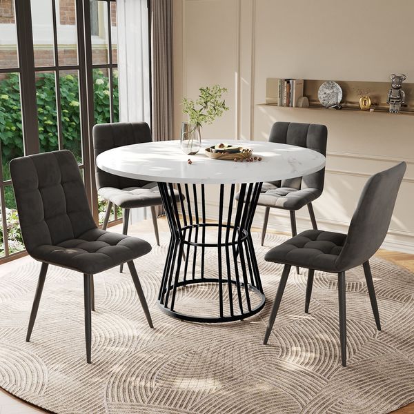 Esstischgruppe rund H 75 x T 100 x B 100 cm mit MDF-Tischplatte im Marmor-Look und Metallgestell, mit 4 Stühlen