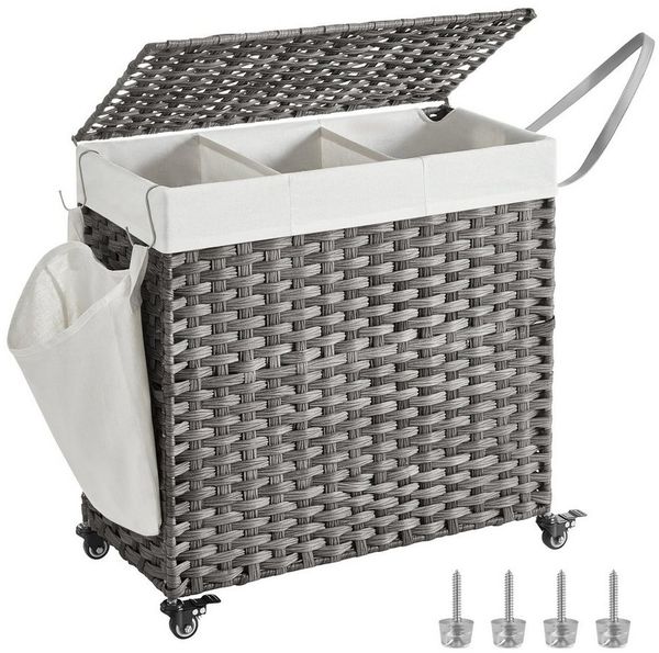 Songmics Wäschekorb handgeflochten mit 3 Fächer, Rattan-Optik Grau, 70 x 36 x 66 cm