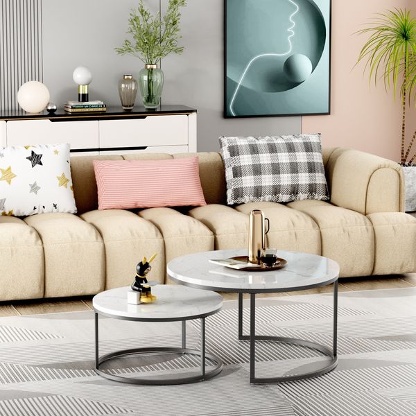 MODFU Couchtisch-Set 2-teilig MDF in Marmoroptik mit Metallgestell, 45x80 cm und 33,5x60 cm