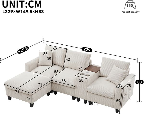 Ecksofa L‑Form Sitzfläche 229x149,5x83 cm, Cordstoff Beige, mit Mittelkonsole, Hocker und 2 Kissen Bild 4