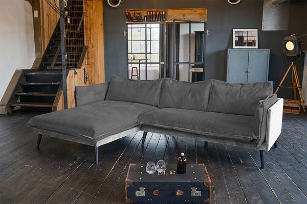 KAWOLA Sofa QUENYA Ecksofa Cord dunkelgrau / Velvet silber Recamiere links 88 x 184 x 294 cm