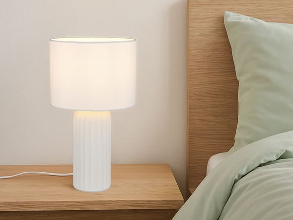 LED Tischleuchte mit Keramikfuß & Stoffschirm Weiß, Höhe 36cm