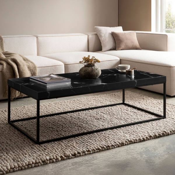FINEBUY Couchtisch FB59750 (120 cm MDF, Wohnzimmertisch Marmor Optik Groß), Sofatisch Schwarz Modern, Kaffeetisch Rechteckig