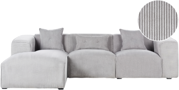 Beliani 'DOLVA' Ecksofa 3-Sitzer Cord Hellgrau rechtsseitig