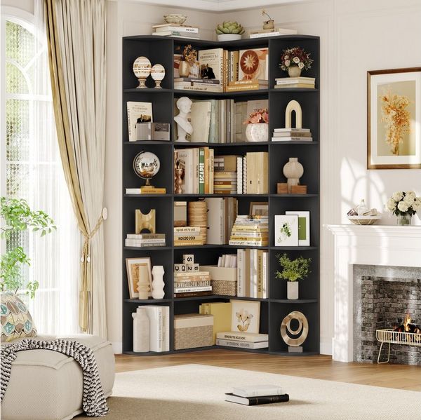 Homfa Bücherregal 185 cm Eckregal Bücherschrank Eckbücherregal, Standregal L-förmiger Eckschrank 80 x 84 x 185 cm, schwarz